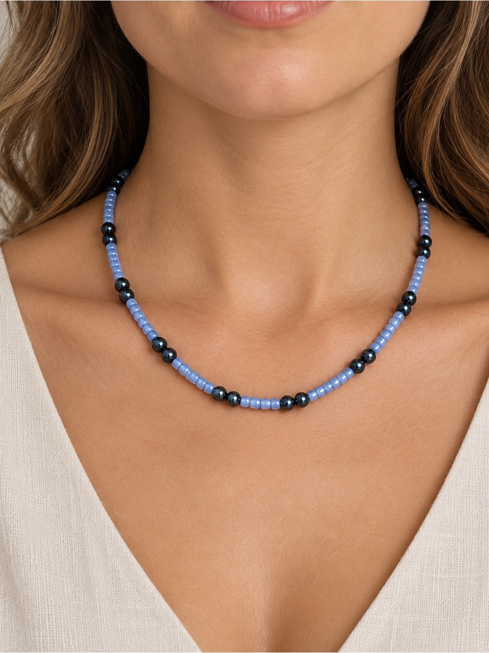 Delicate Blue and Black Beaded Necklace with Silver Clasp